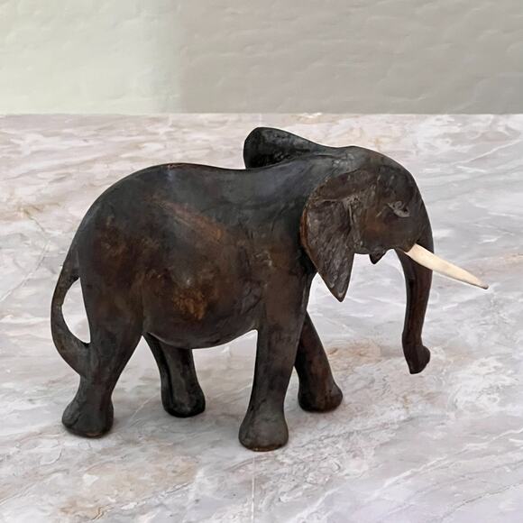 Unbranded Other - Vintage Hand Carved Elephant With Tusks Trunk Down Dark Wood Sculpture 5" Tall